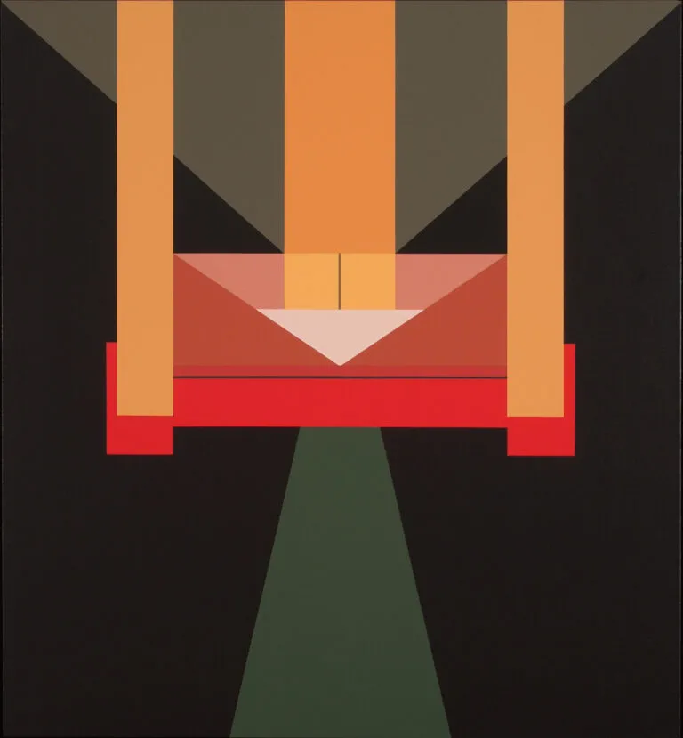 An abstract geometric painting featuring three peach colored rectangular columns atop a plane of dark brown, grey, and teal green. There are also red, pink, and white segments that form triangles, rectangles, and squares.