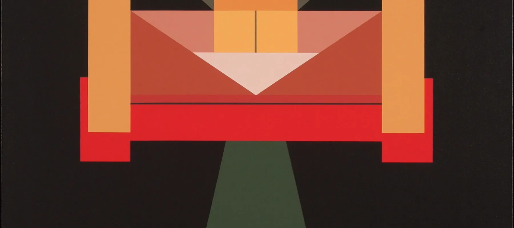 An abstract geometric painting featuring three peach colored rectangular columns atop a plane of dark brown, grey, and teal green. There are also red, pink, and white segments that form triangles, rectangles, and squares.