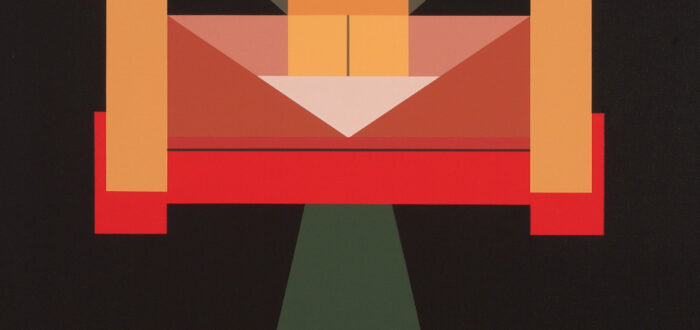 An abstract geometric painting featuring three peach colored rectangular columns atop a plane of dark brown, grey, and teal green. There are also red, pink, and white segments that form triangles, rectangles, and squares.