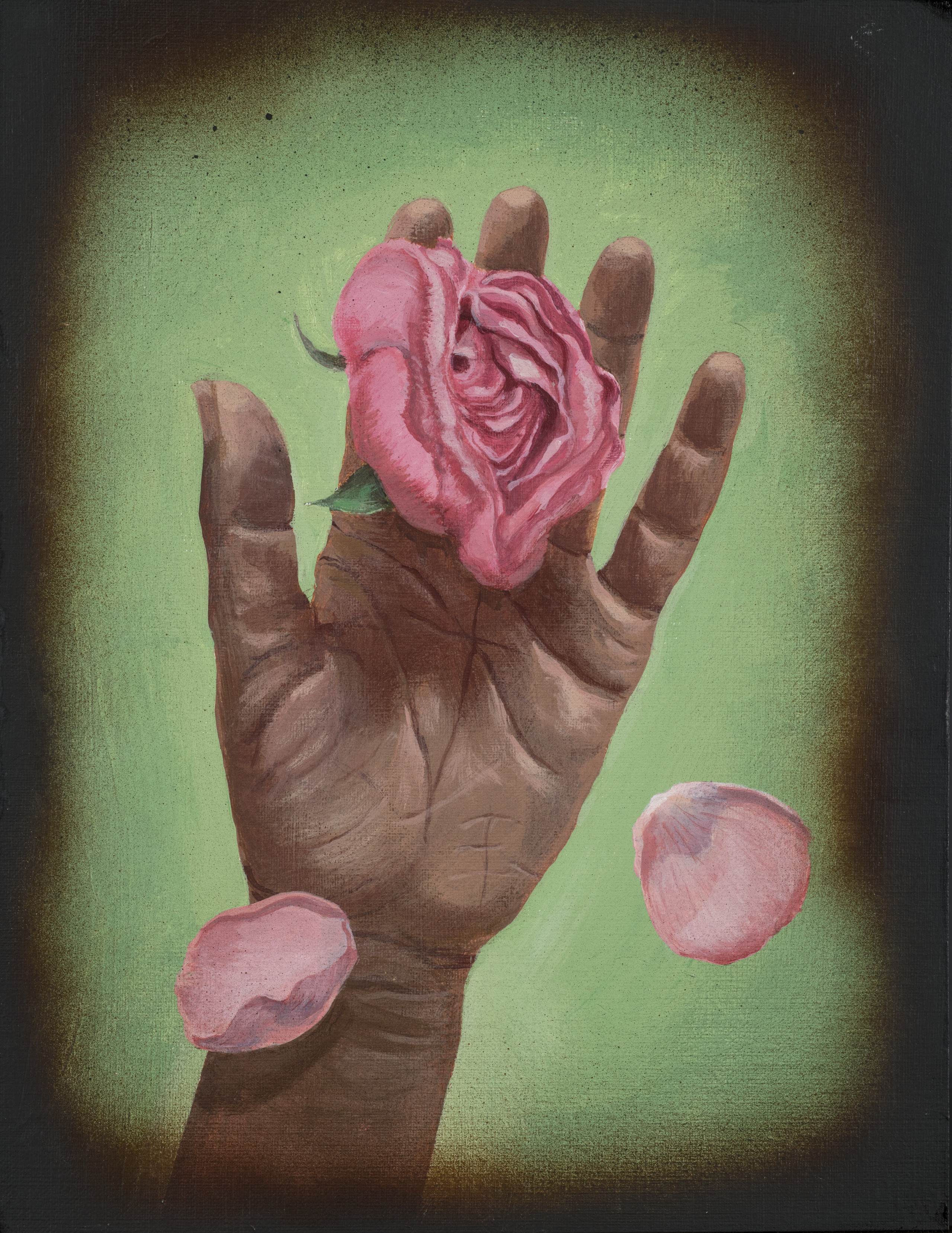 A realistic painting of a medium-dark skinned left hand facing palm-up against a light green background that fades to black. Resting on the hand is a pink rose and two full petals are falling from it.