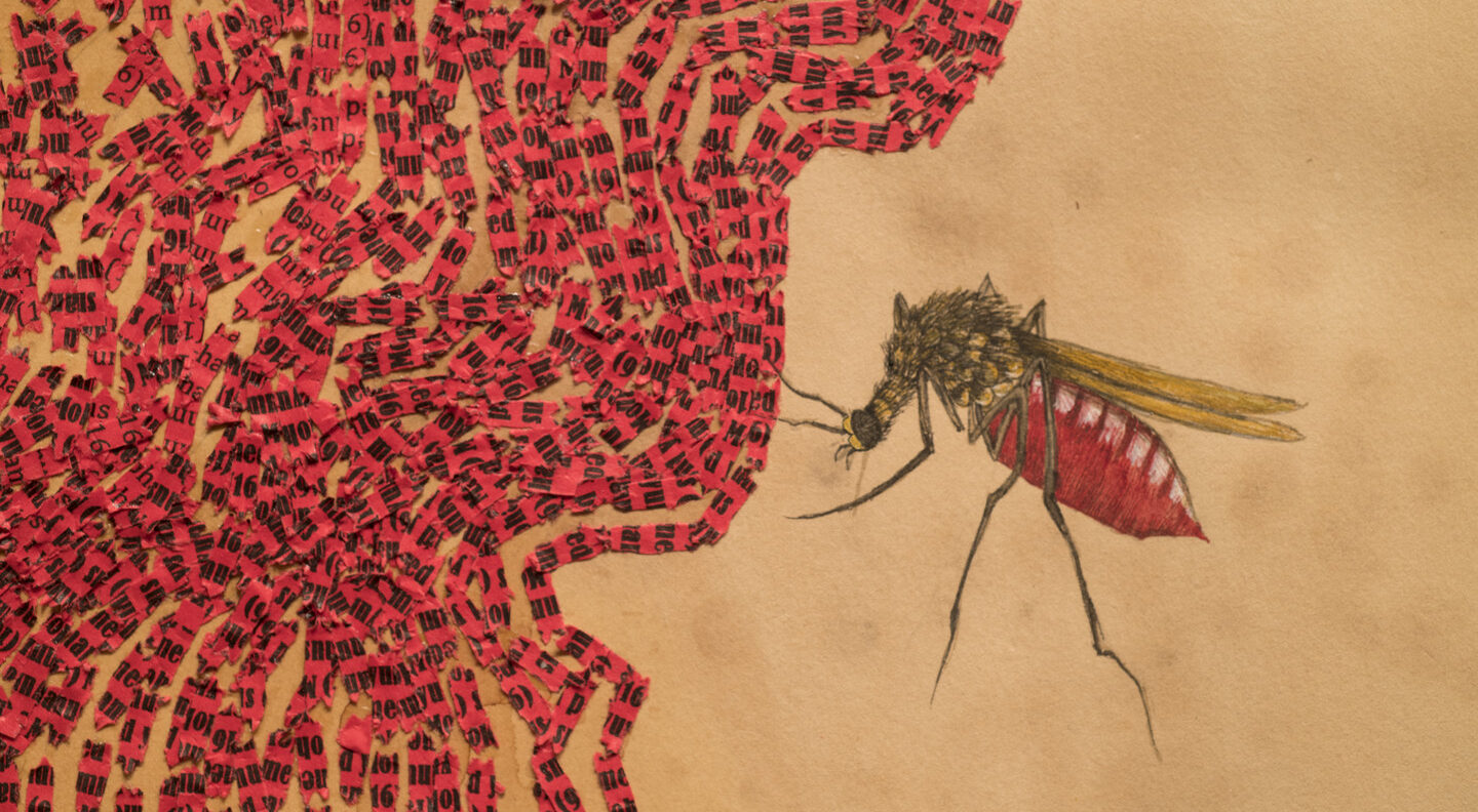 Collaged pieces of red paper with black text are arranged in waves along the left side of a canvas the color of stained tea. On the right side is a hovering insect with wings and red body.