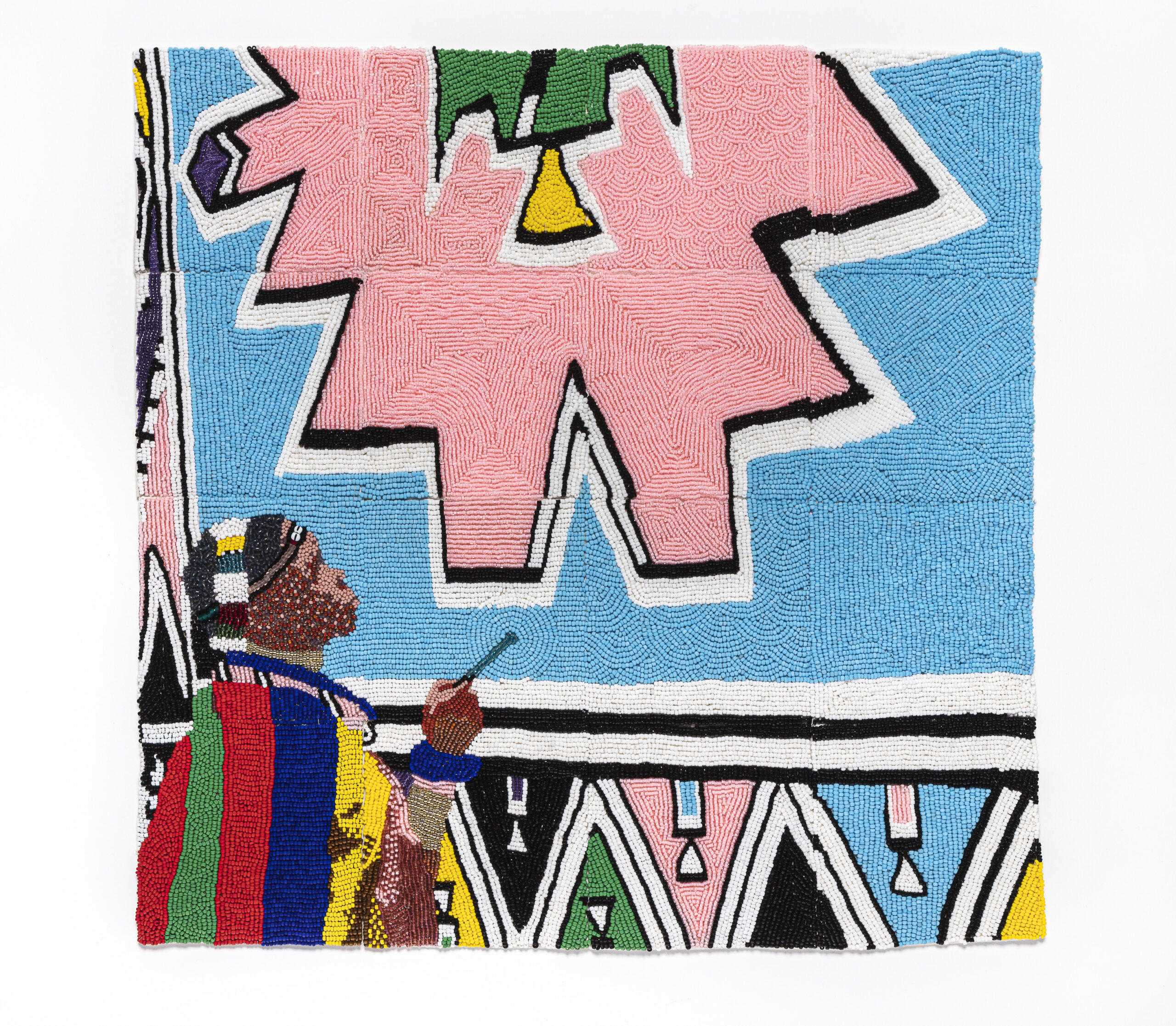 Tiny, colorful beads arranged in patterns to depict Esther Mahlangu painting a large artwork of geometric shapes in light pink and blue, black, white, yellow, and green. She is a dark-skinned adult woman wearing colorfully patterned robes.