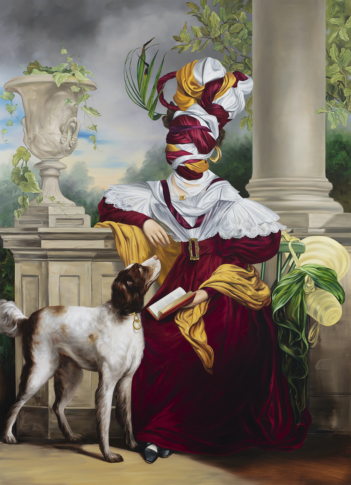 An ornate oil painting in the style of 18th or 19th century European portriature featuring a woman sitting in ornate dress with her face bound and obscured by the dress fabric, in a tall sculptural turban. Below her a brown and white dogs looks up. She has a book in her hand, with the other resting on a white column atop which a vase with ivy sits.