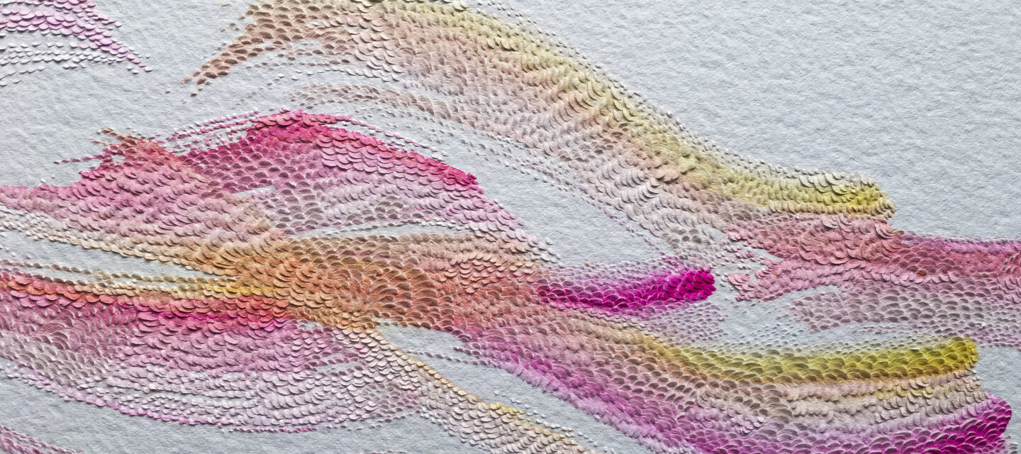 Vibrantly colored strokes of watercolor in shades of magenta, orange, and yellow, flow across white paper, giving the impression of waves.