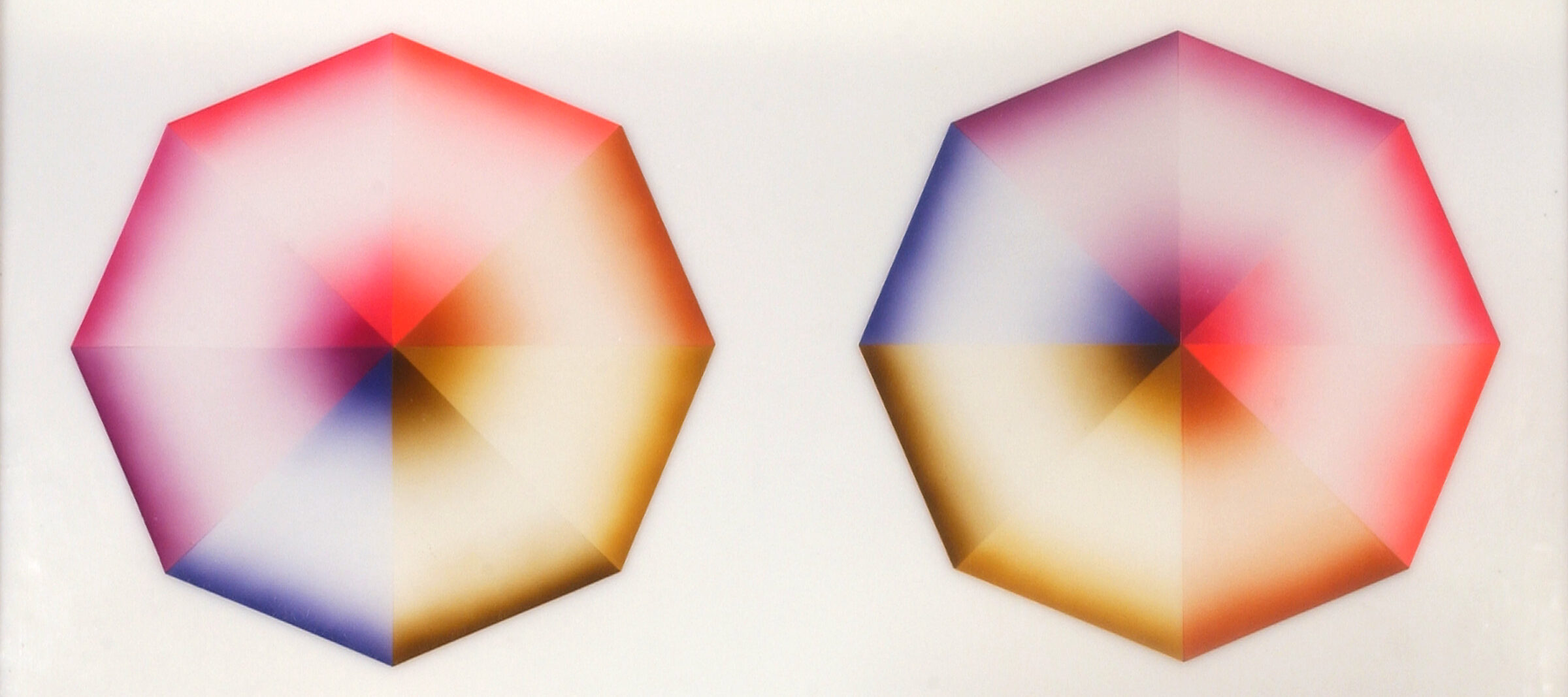 Four hard-edged octagons, each divided into eight pie-slice shapes painted red, pink, orange, yellow, olive green, blue, violet, or lavender, occupy a square, white background. Dark at the wide and narrow ends of each wedge, the hues create the illusion of 3-dimensional forms.