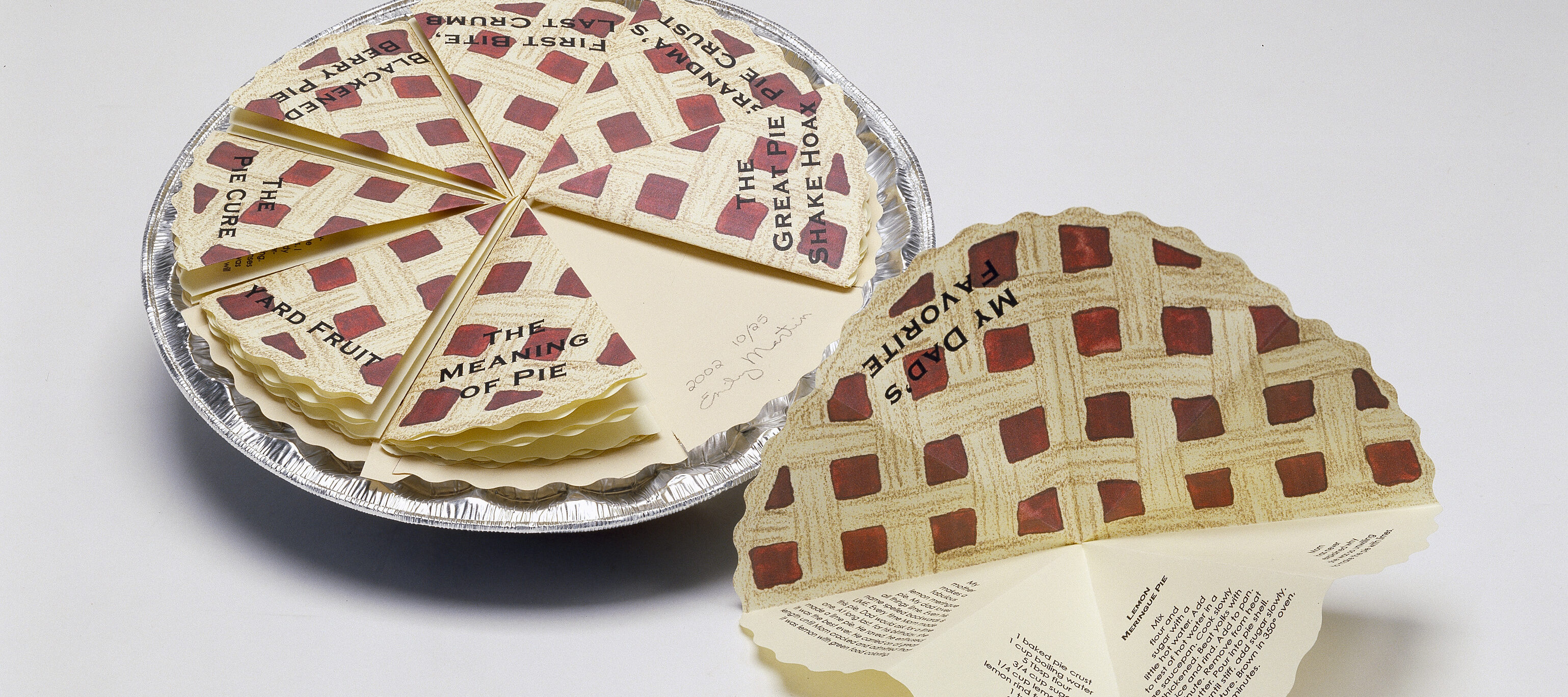 A pie tin filled with eight small folded pieces of paper that resemble identical slices of pie with a lattice top and red filling. Each slice is labeled with a title in black and opens, containing short stories written inside.