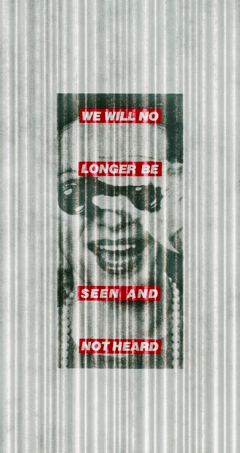 Black and white image of a light skinned woman in a pearl necklace and holding binoculars to her eyes, on a gray and white vertically striped background. Superimposed over the image are four red horizontal bands with "We will no longer be seen and not heard" in white block letters.