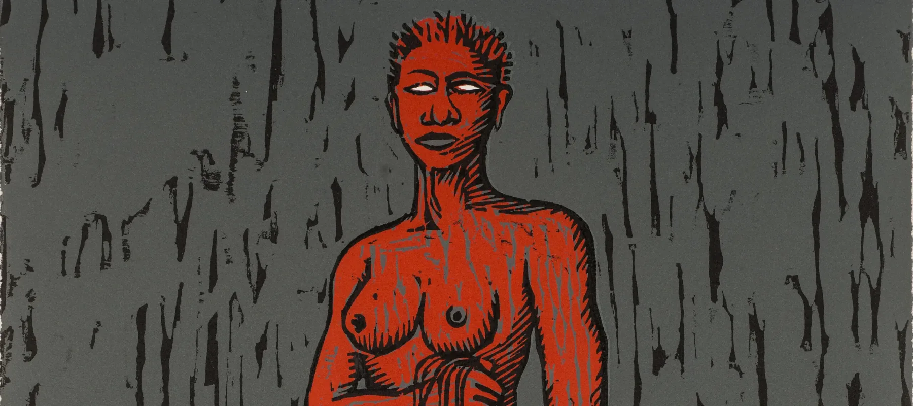 A red, nude, adult female figure with white eyes and short-cropped hair stands in a pile of long, dark hair while holding long strands of dark hair in her right hand. In her left hand is a white blade. The background is gray with choppy, vertical, black lines.