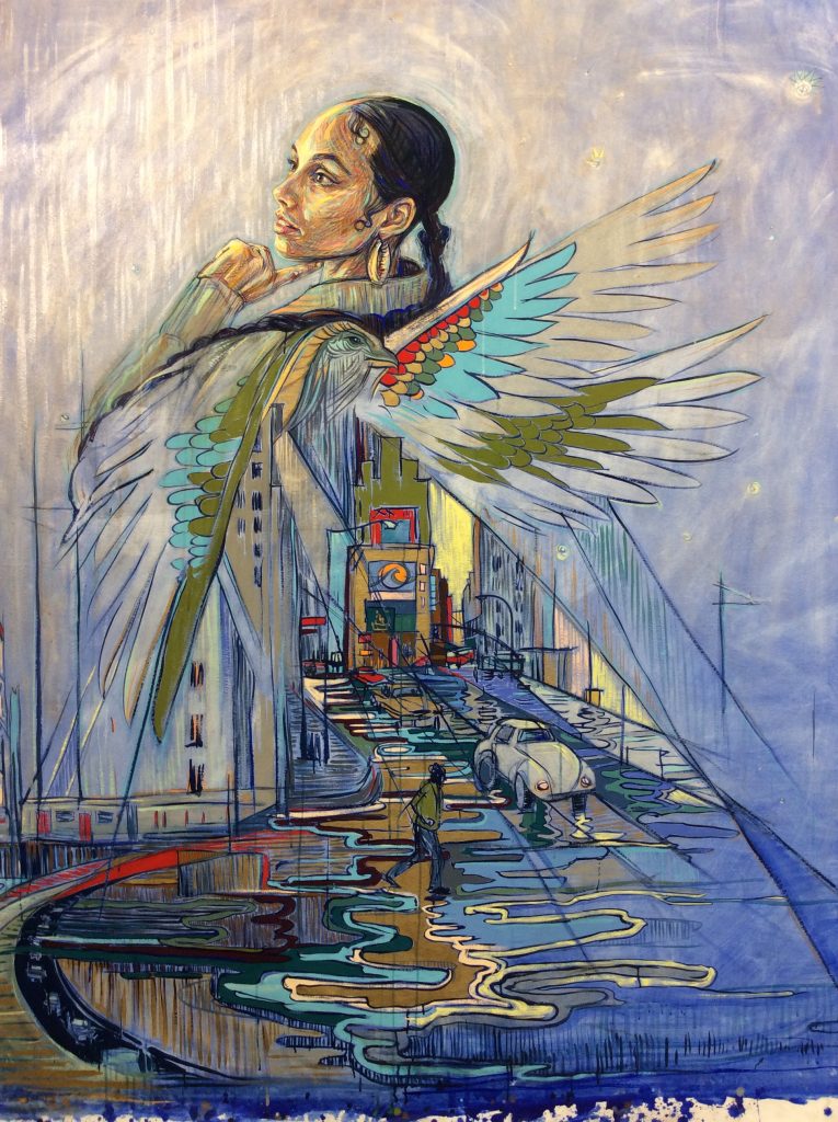 A conceptual painting that depicts the head of musician Alicia Keys staring off into the distance, she has wings and from the wings a cityscape emerges of tall buildings, a car, and a man crossing the street. The painting's colors are cool, bluish purple.