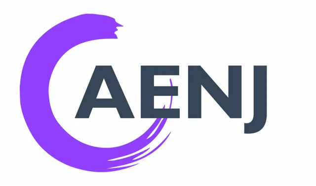 Logo for the Art Educators of New Jersey, featuring a circular, purple swoosh of paint and the letters 'AENJ' in gray.