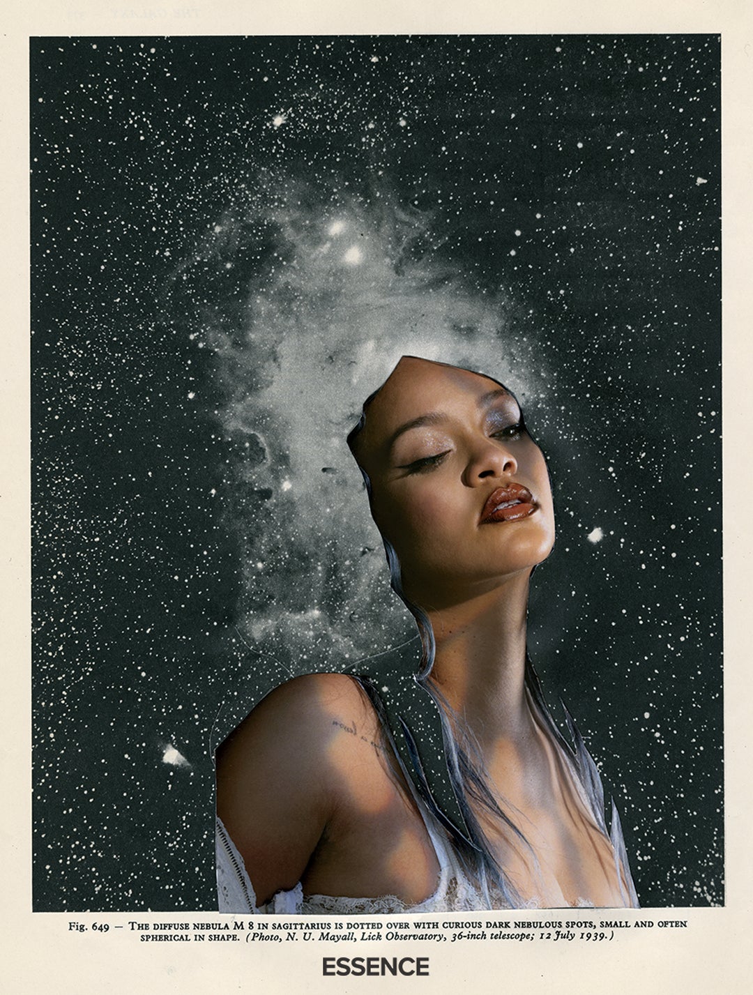A color collage photograph features the face and upper body of pop star Rihanna imposed over a photograph of a celestial sky featuring thousands of tiny stars and the milky way as Rihanna's hair.