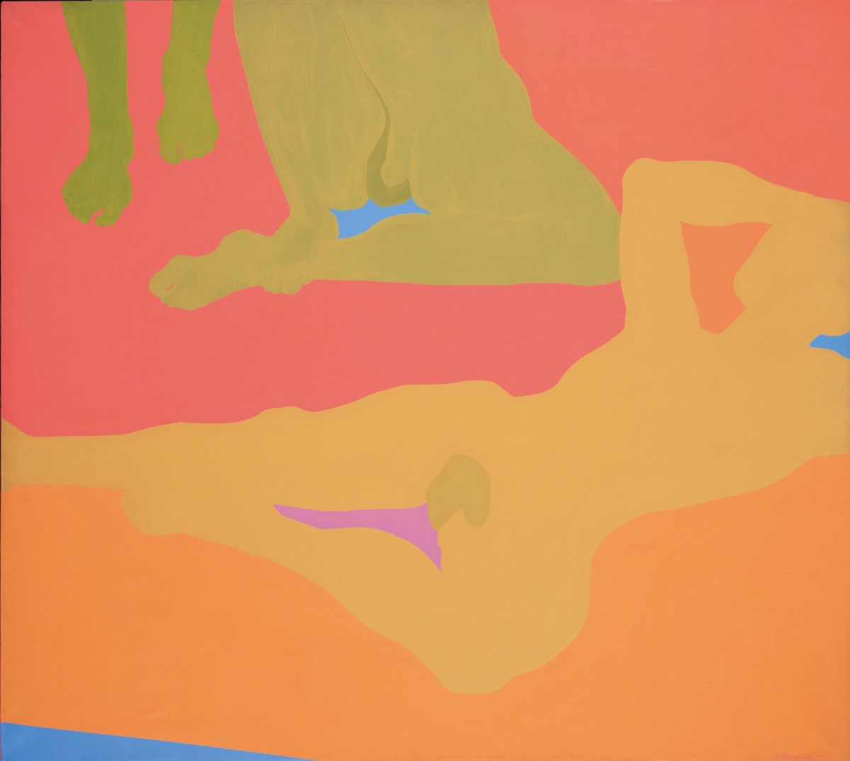An abstract painting done in warm, muted tones of tangerine, pink, and beige, that depicts bodily forms. One lays down with one leg extended and the other bent--the negative space between the legs is painted in a bright lavender color. The genital area is a darkened abstract circle. In the top left green feet appear next to another form in a sitting position, the negative space painted bright baby blue and the genital area also darkened.