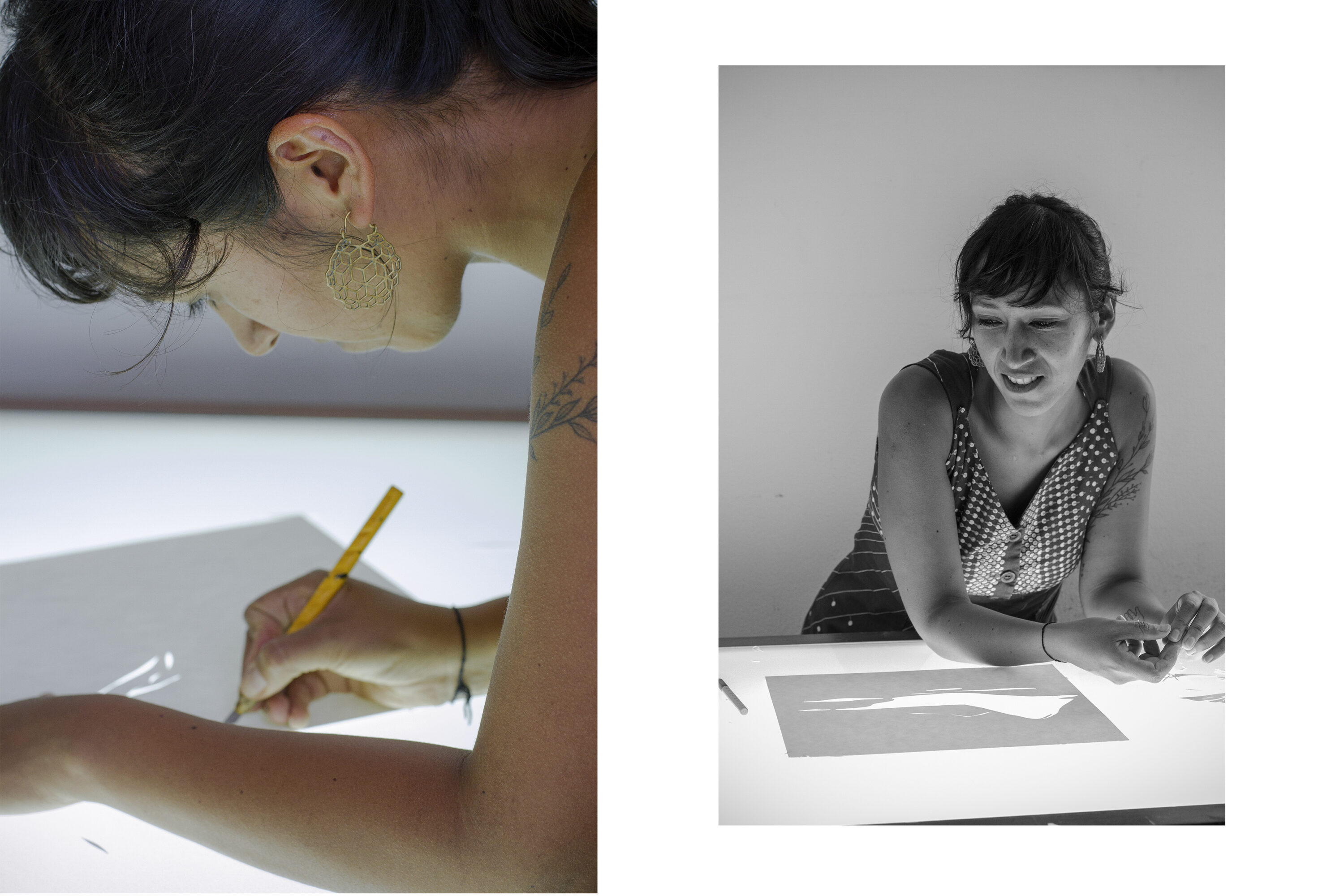 Two photographs. The left is a closeup of an artist cutting white paper with an exacto knife; the right is a black and white portrait of the same artist leaning over the table that holds the paper and knife, smiling down at the work.