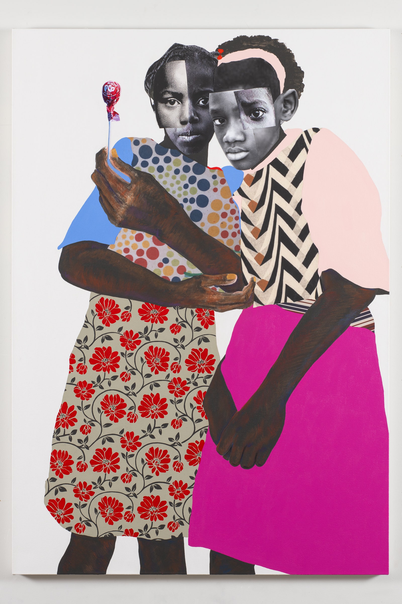 A collage/painting hybrid featuring two black-and-white photos of the faces of two young girls made from multiple pictures and arranged atop colorful painted bodies. They wear flower and geometric patterned blouses and skirts. One holds up a lollipop. Their demeanor is serious and confident.