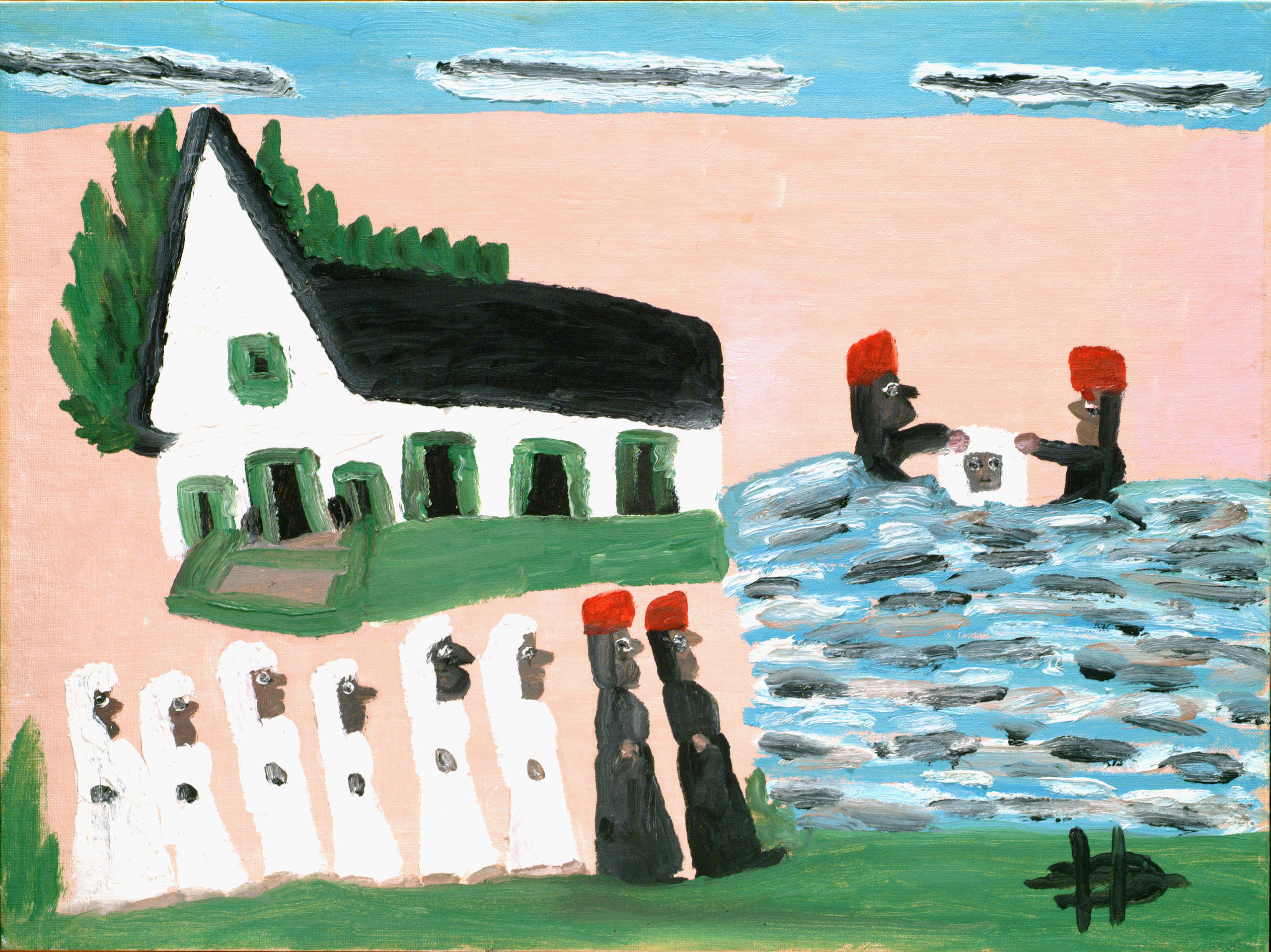 A simplistic painting of a white church under a blue sky on a peachy background and dark-skinned figures in expressionless profile. A line of people in white behind two people in black with red caps stand on grass, facing a baptism in water.