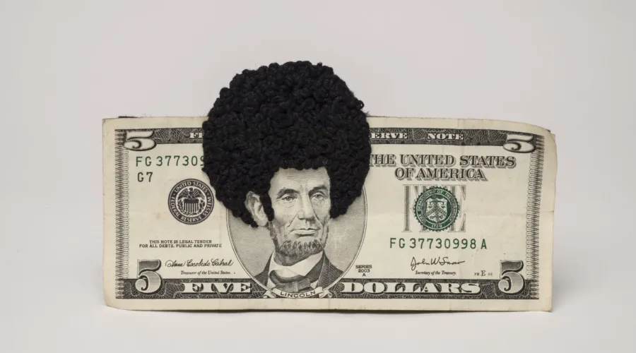 U.S. five-dollar bill has an embroidered afro and sideburns stitched onto the portrait of Lincoln’s head. One-third of the afro protrudes beyond the top of the bill.