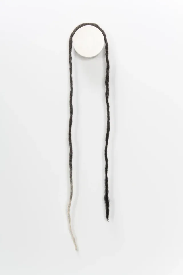 A necklace made from coiled, balled, and twisted dark human hair hangs on the wall. The necklace is formed from a long, open-ended dreadlock that becomes white at its end.