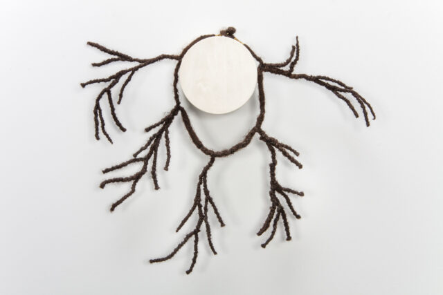 A necklace made from coiled, balled, and twisted dark human hair hangs on the wall. The hair is twisted into five branches, which fan out.