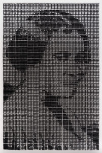 A sculpted portrait of a woman in partial profile with short hair, depicted from the chest up. The portrait is sculpted from black plastic pocket combs, whose teeth have been removed in varying quantities to create the image of the woman.