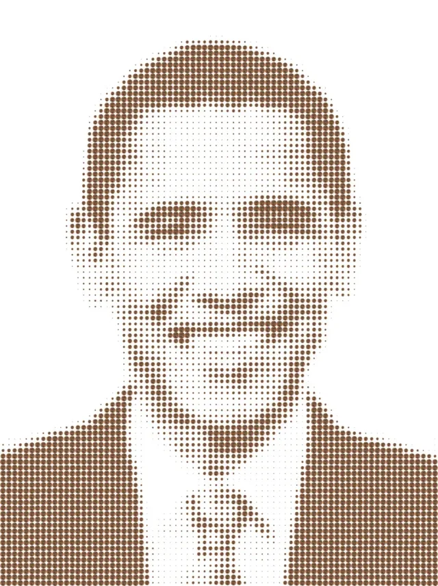 A portrait of former United States president Barack Obama. The portrait is composed of thousands of digital prints of pennies scaled to varying sizes for form a figure from the neck up. The portrait shows the former president smiling, wearing a dark jacket, white shirt, and tie.