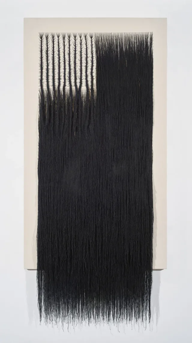 A vertical rectangular canvas woven with black cotton thread. The thread has been braided into the approximate form of an American flag. Where the stars would be, the thread forms branching cornrows, and where the stripes would be, the thread hangs densely, like hair.