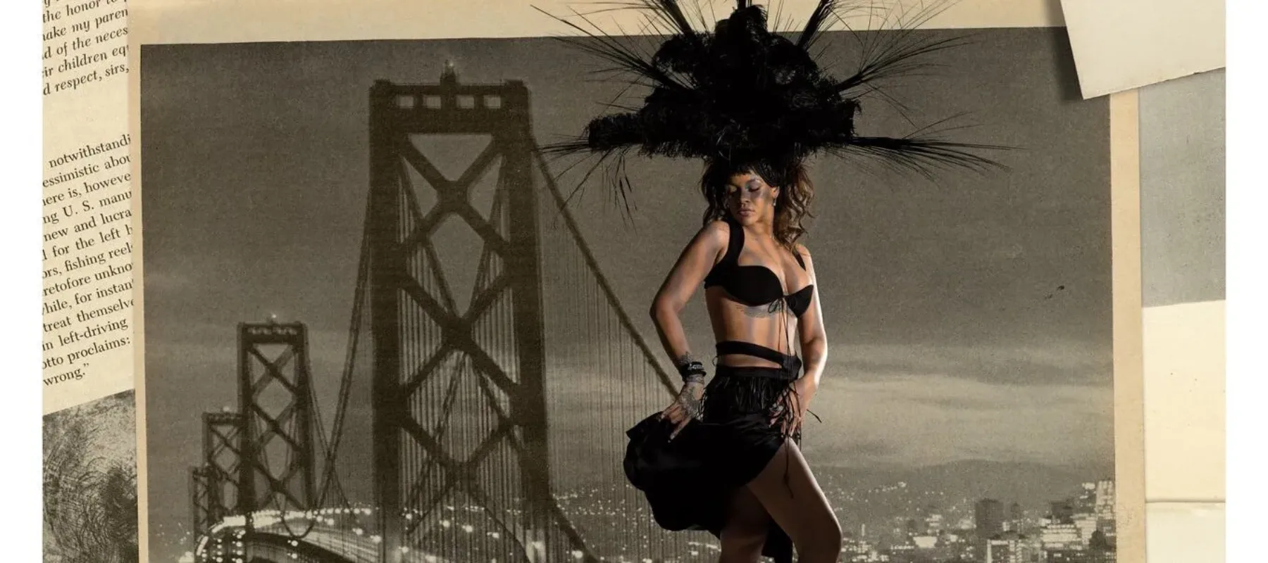 A collage of pop star Rihanna wearing a black bra, skirt, and elaborate black feathered headdress overlaid atop a vintage photograph of the Brooklyn Bridge.