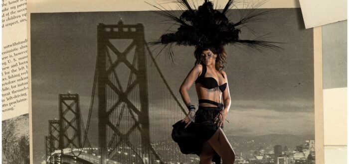 A collage of pop star Rihanna wearing a black bra, skirt, and elaborate black feathered headdress overlaid atop a vintage photograph of the Brooklyn Bridge.
