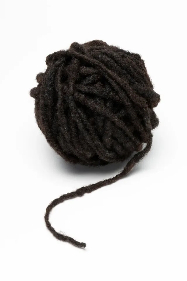 A sculpture of a skein of yarn, wound tightly into a ball, with a small tail extending on the end. The yarn is made of a long, dark, dreadlock.