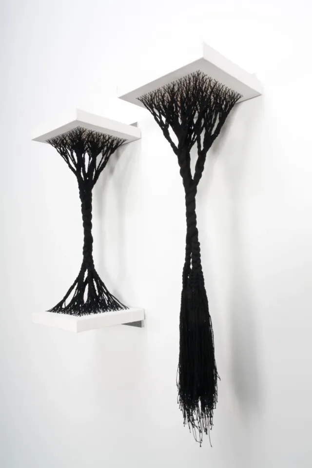 A sculpture made from black cotton thread that has been woven into white canvas shelves. On the left, the thread is affixed tautly between an upper and lower shelf. It has been woven into the canvas in a branch-like formation, and braided as it hangs down. On the right, the thread has been woven into a top shelf, but dangles loosely below.