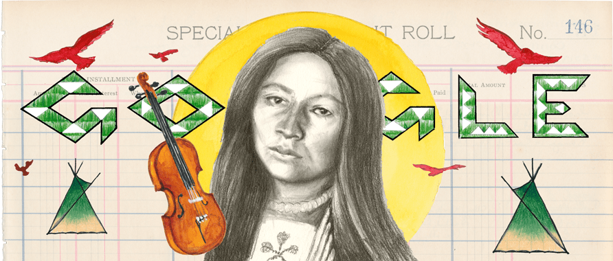 A Google Doodle featuring a charcoal sketch of a Native American Woman with long straight hair staring at the viewer; colorful illustrations of a violin, red birds, teepees, and a sun frame the words "Google" drawn in geometric black and green.