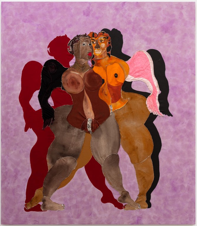 Two full-bodied, dark-skinned abstract figures made seemingly from collaged materials and paint stand against a light purple sponge-painted background. They are reminiscient of Matisse.