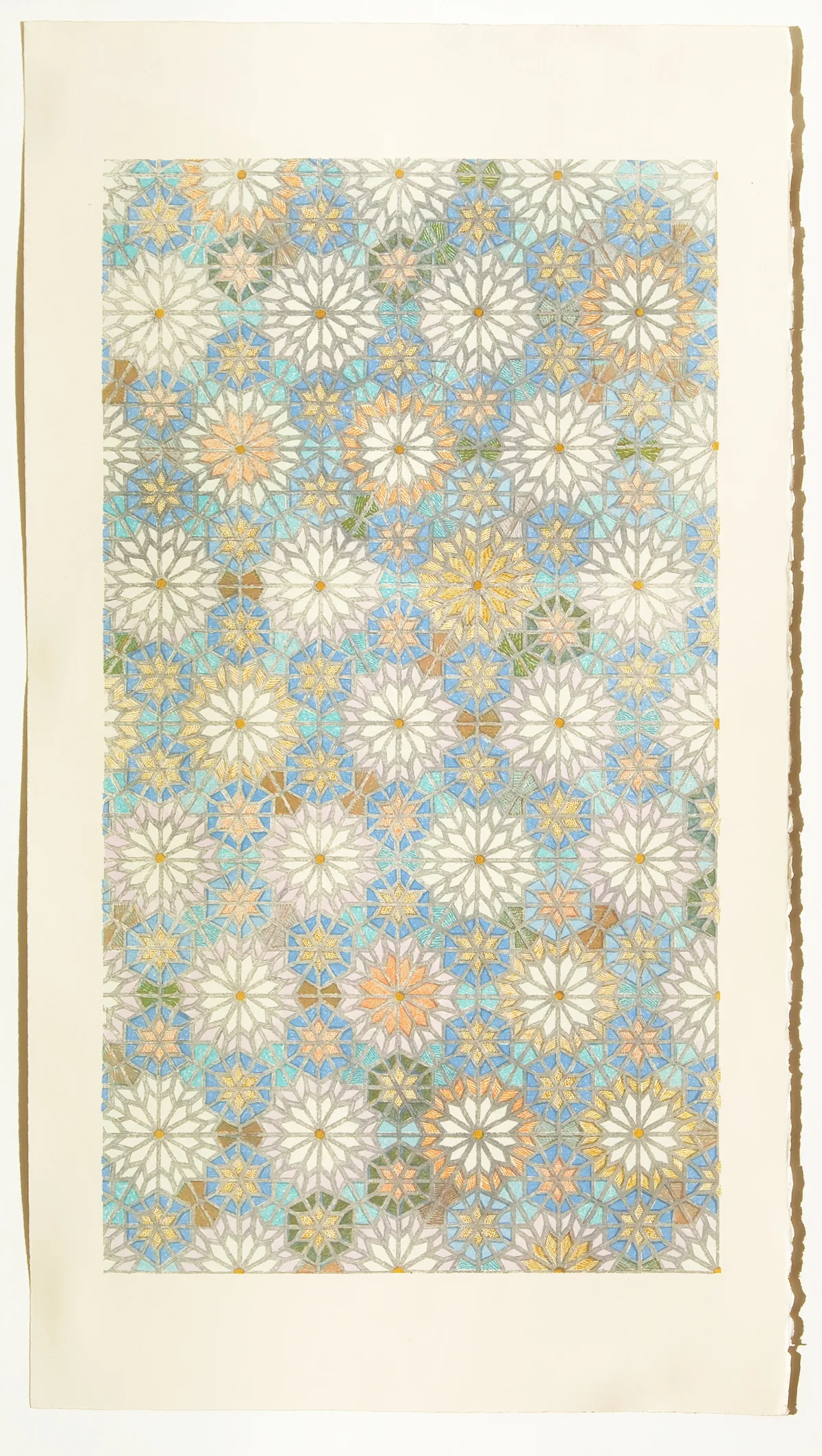 A large, vertical lithograph featuring patterns of flowers or circular burts in colors of cream, orange, and blue.