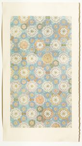 A large, vertical lithograph featuring patterns of flowers or circular burts in colors of cream, orange, and blue.