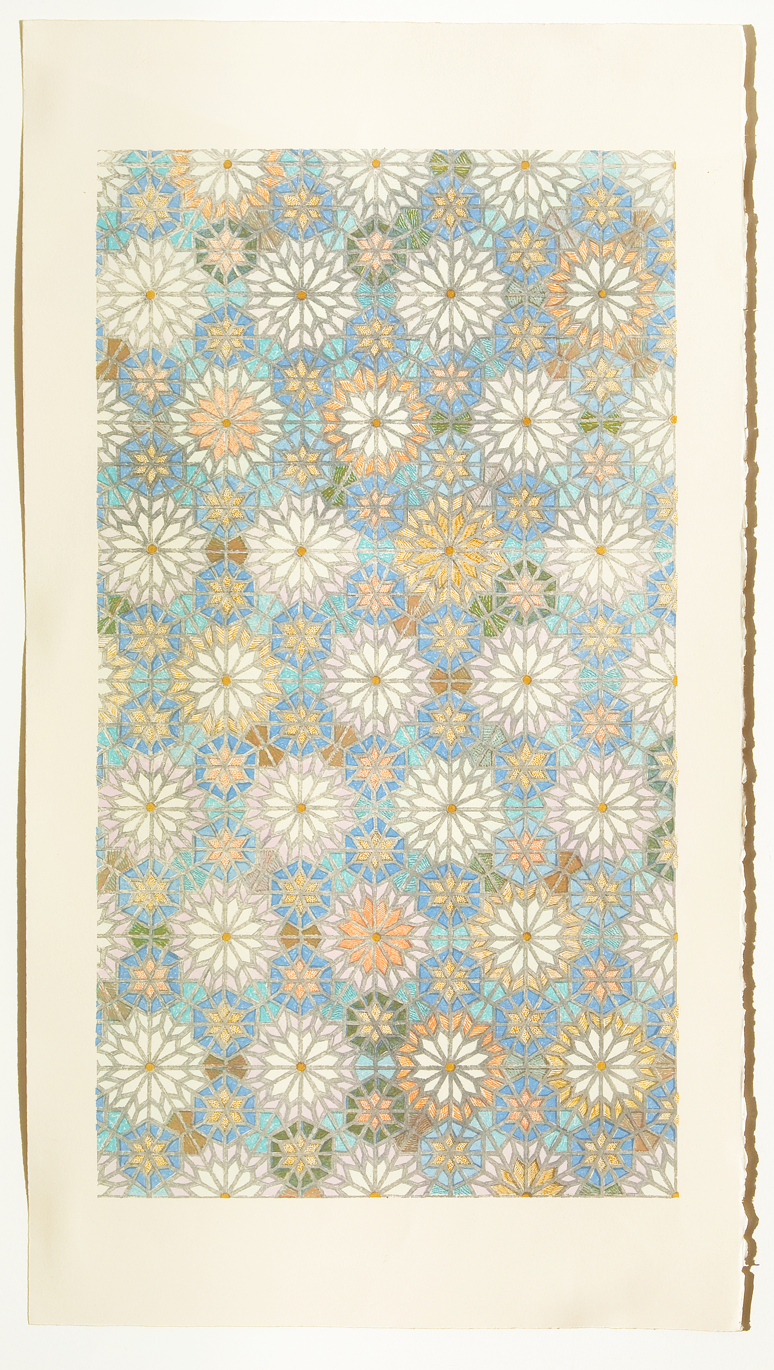 A large, vertical lithograph featuring patterns of flowers or circular burts in colors of cream, orange, and blue.