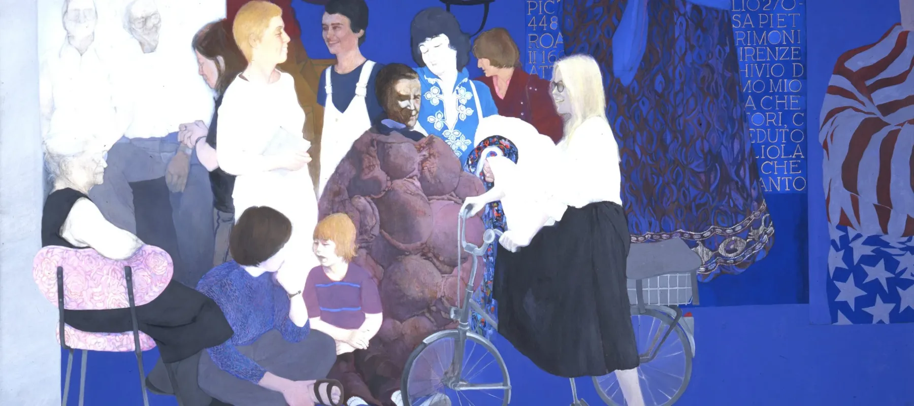 Life-sized, full-length portraits of 12 individuals form a frieze-like composition against a saturated lapis-blue background. Most of those portrayed are noted feminist artists and critics. Details from the artist's earlier paintings appear above and to t