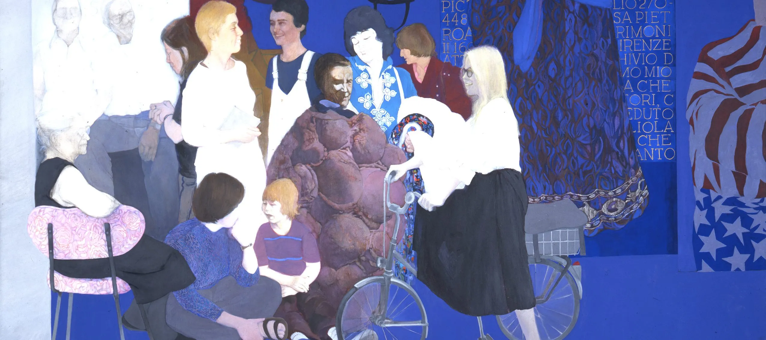 Life-sized, full-length portraits of 12 individuals form a frieze-like composition against a saturated lapis-blue background. Most of those portrayed are noted feminist artists and critics. Details from the artist's earlier paintings appear above and to t