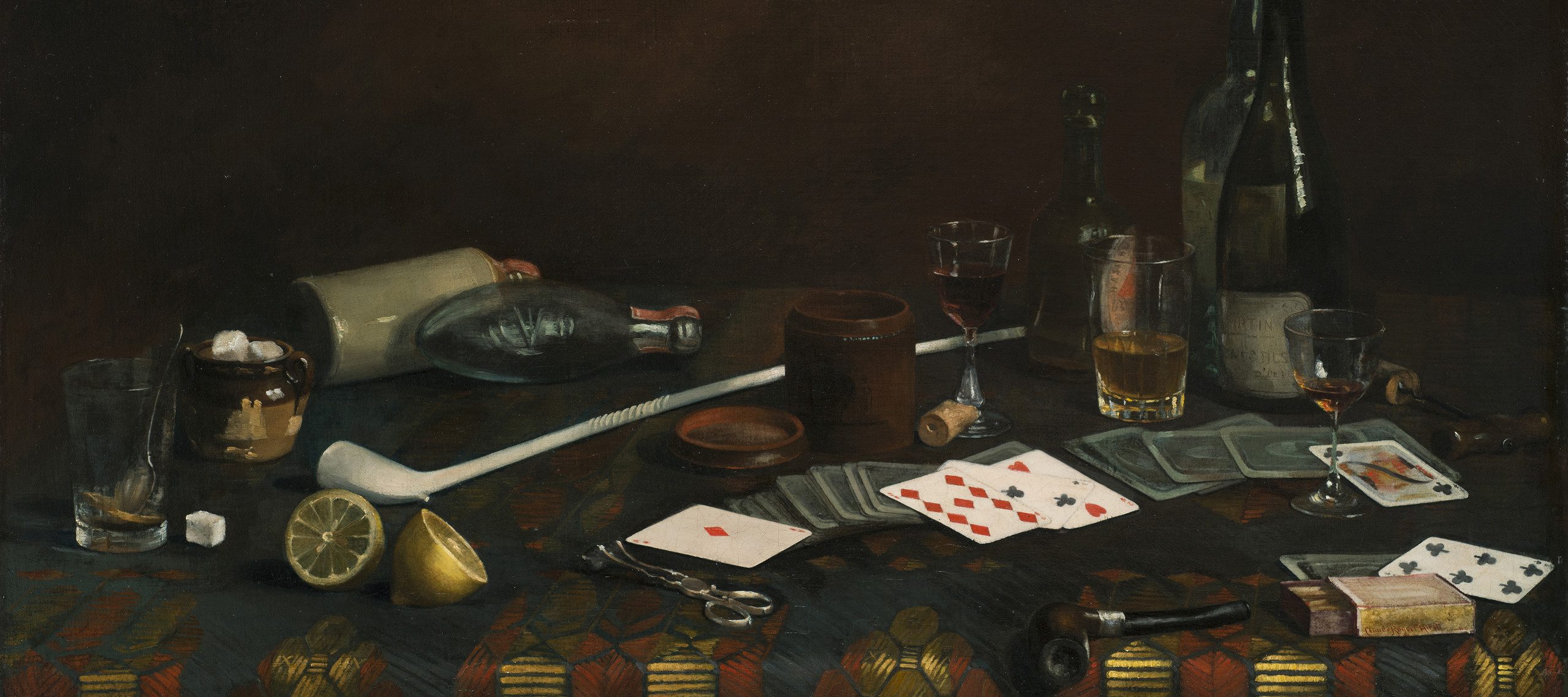 Painting of a blue tablecloth with gold and red pattern. Strewn across the top are half-empty glasses of wine and brown liquid, playing cards, lemon halves and matches. Two pipes, one long and white, one small and dark, lie next to a container of sugar cubes, corks, and bottles.