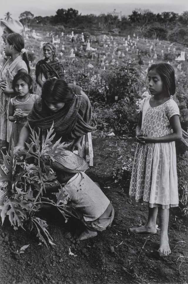 A black and white photograph of women and children preparing a grave in the dirt outdoors. An adolescent girl stands to the side observing. She wears a light colored, patterned dress, and her dark hair is pulled back into a low ponytail. To her right, a woman with dark hair and a dark shawl leans down over a plant. Five other figures stand near her.