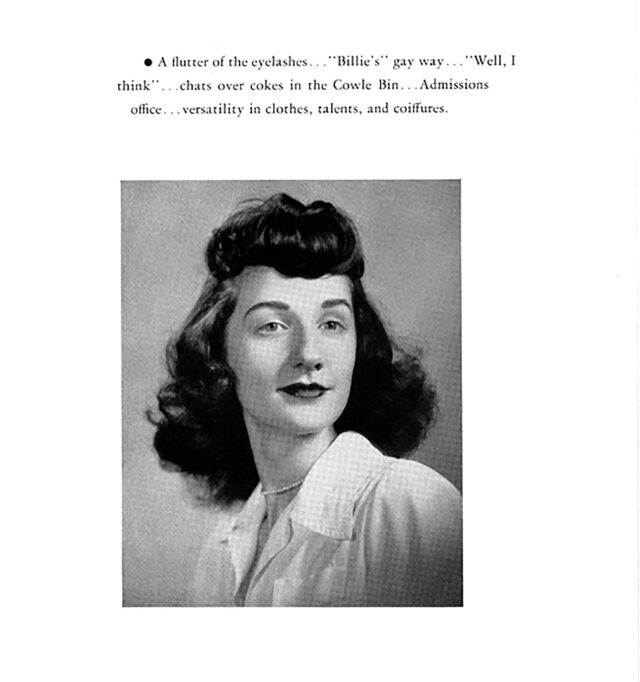 A yearbook portrait from the mid-1940's features a light-skinned woman with dark, shoulder-length hair and short, thick bangs that end mid-forehead. She wears a dark lipstick color. Atop the photo is a typed series of information about her; below is her n