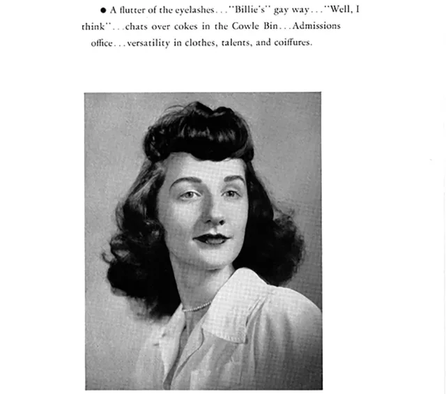 A yearbook portrait from the mid-1940's features a light-skinned woman with dark, shoulder-length hair and short, thick bangs that end mid-forehead. She wears a dark lipstick color. Atop the photo is a typed series of information about her; below is her n