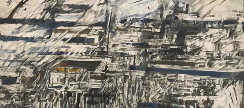 Landscape-oriented, rectangular painting of black lines and slashes across white. The black lines run vertically and horizontally, and appear to be slashed through while the paint was wet, evoking raindrops running down a window during a storm.