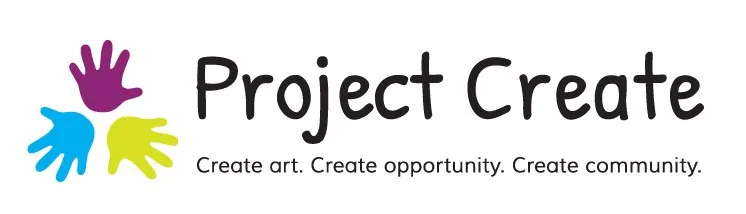 Logo for Project Create which features three handprints in blue, purple, and chartreuse that are arranged in a triangle with the fingers facing out. Next to it in black is text reading, 'Project Create' and 'Create art. Create opportunity. Create community.'