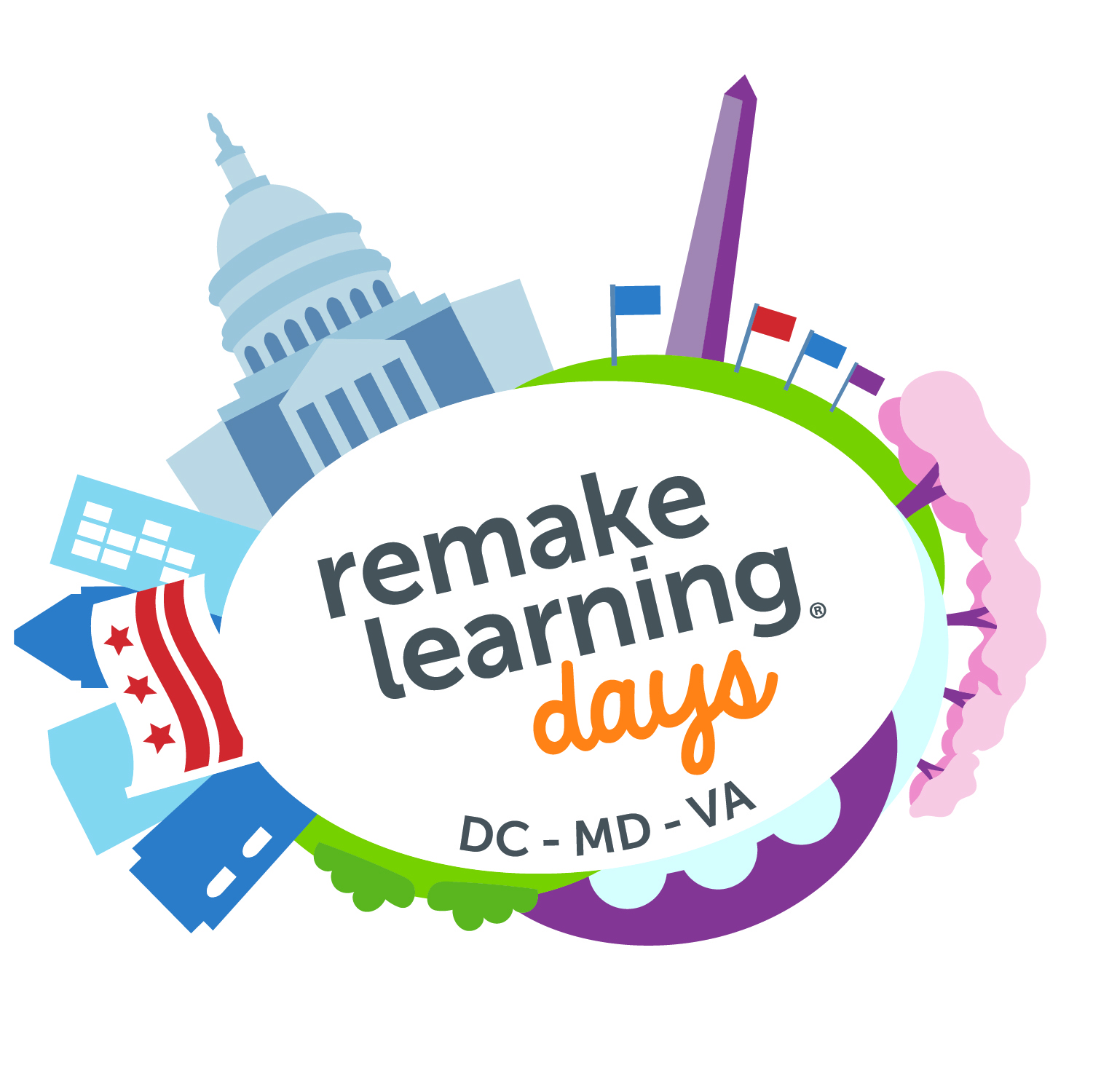 A logo with the words 'remake learning days: DC - MD - VA' in the center, surrounded by an oval of D.C. landmarks.
