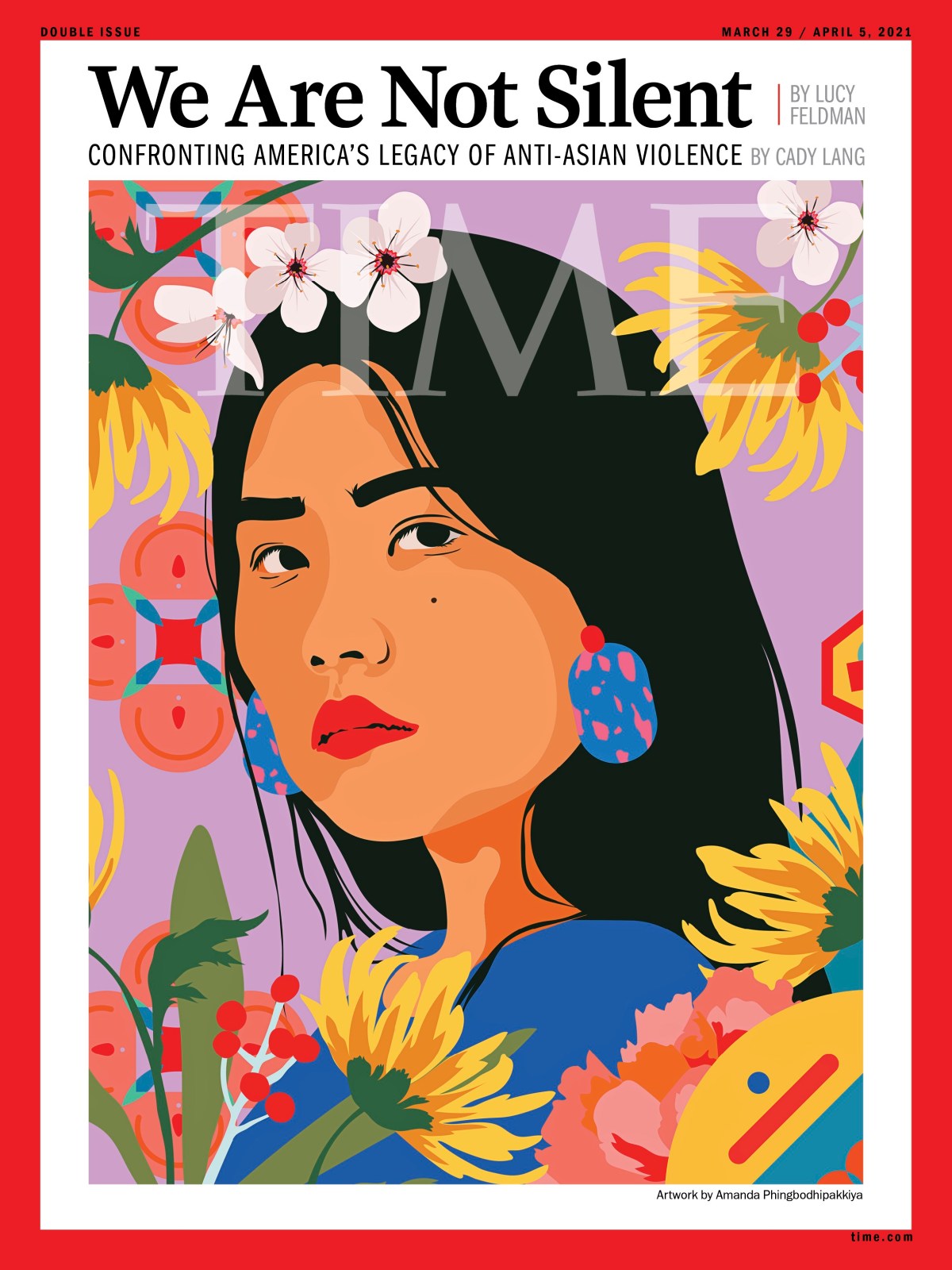 A cover of Time magazine featuring a painting of a woman of Asian or Pacific Islander descent gazing out boldly amid a festoon of flowers.