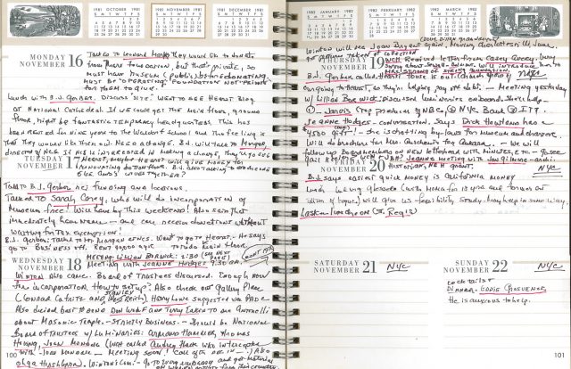 Two pages from a 1981 daily planner that include copious handwritten notes in black ink for the week of November 16 to 22. Occasional names are underlined in red ink.