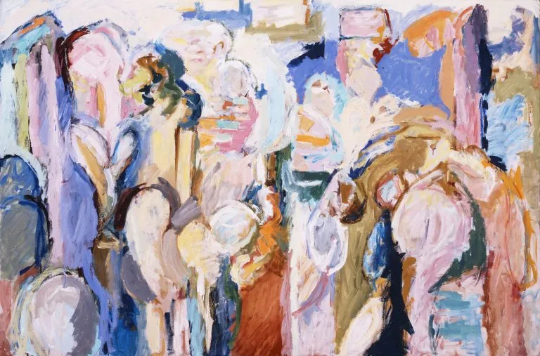 An abstract painting in pastel tones made of mostly rounded forms interspersed with a few square shapes. The figural shapes rendered with thick brushstrokes of paint give the impression of a crowd of people.