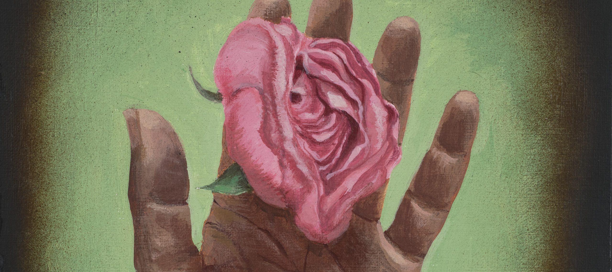 A realistic painting of a medium-dark skinned left hand facing palm-up against a light green background that fades to black. Resting on the hand is a pink rose and two full petals are falling from it.