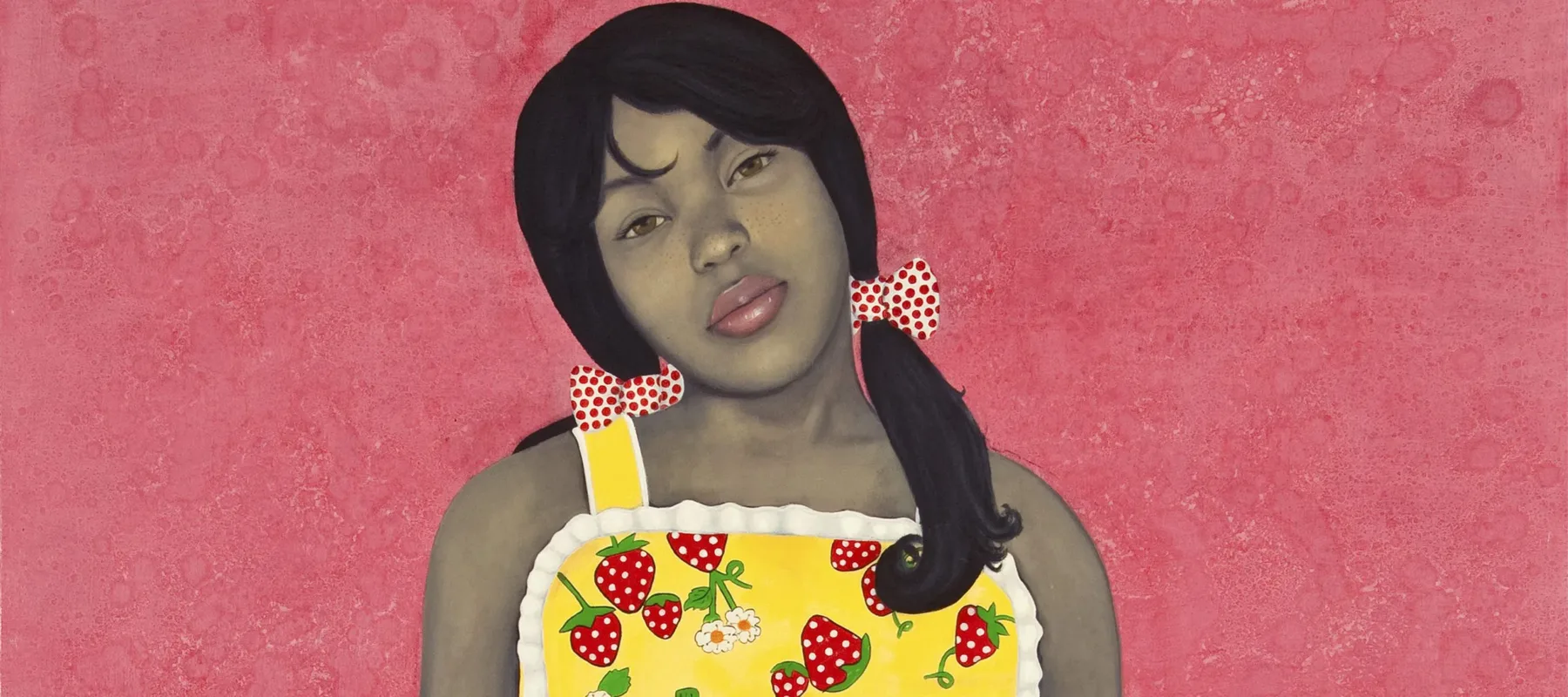 Wearing a bright yellow apron-style dress with strawberries and lace-trim details, an expressionless young woman with medium-dark skin tone rendered in grayscale stares out with her hands in her dress pockets. Her head is cocked to one side against an intensely pink-colored background.