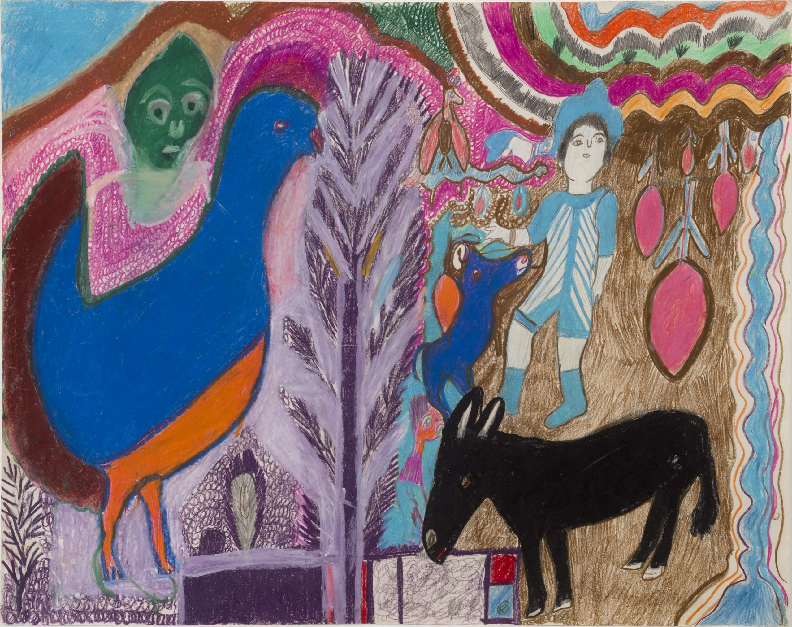 A vividly colored drawing of multiple elements including a large blue bird at the left, over which hovers a green face. In the center is a purple tree.To the right are a black donkey, a figure dressed in light blue stripes and a dark blue dog.