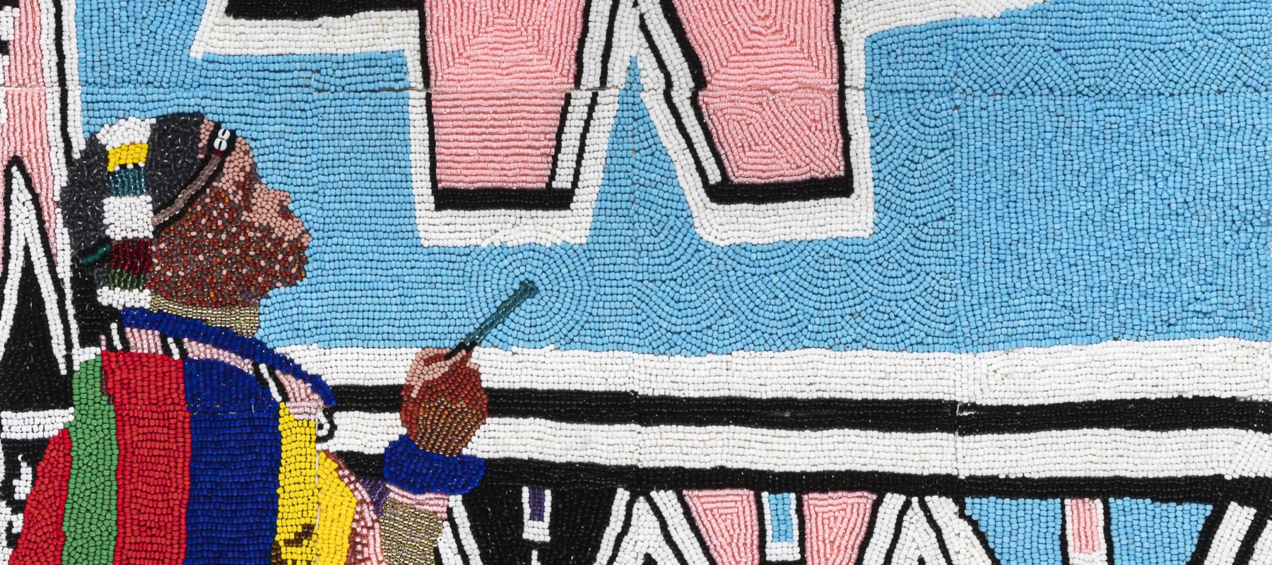 Tiny, colorful beads arranged in patterns to depict Esther Mahlangu painting a large artwork of geometric shapes in light pink and blue, black, white, yellow, and green. She is a dark-skinned adult woman wearing colorfully patterned robes.